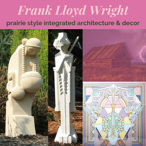 frank lloyd wright sprite statues, prairie architect, block stone organic