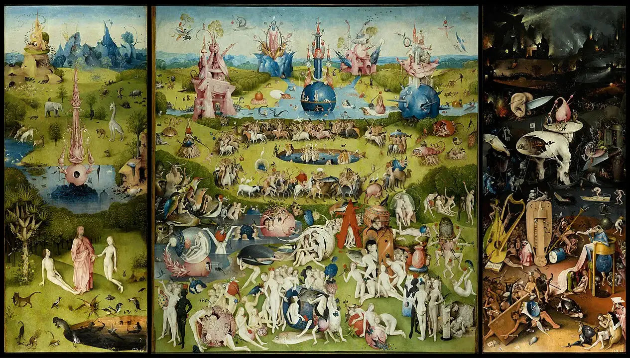 Hieronymus Bosch triptych detail showing crowded paradise scene called Garden of Earthly Delights.