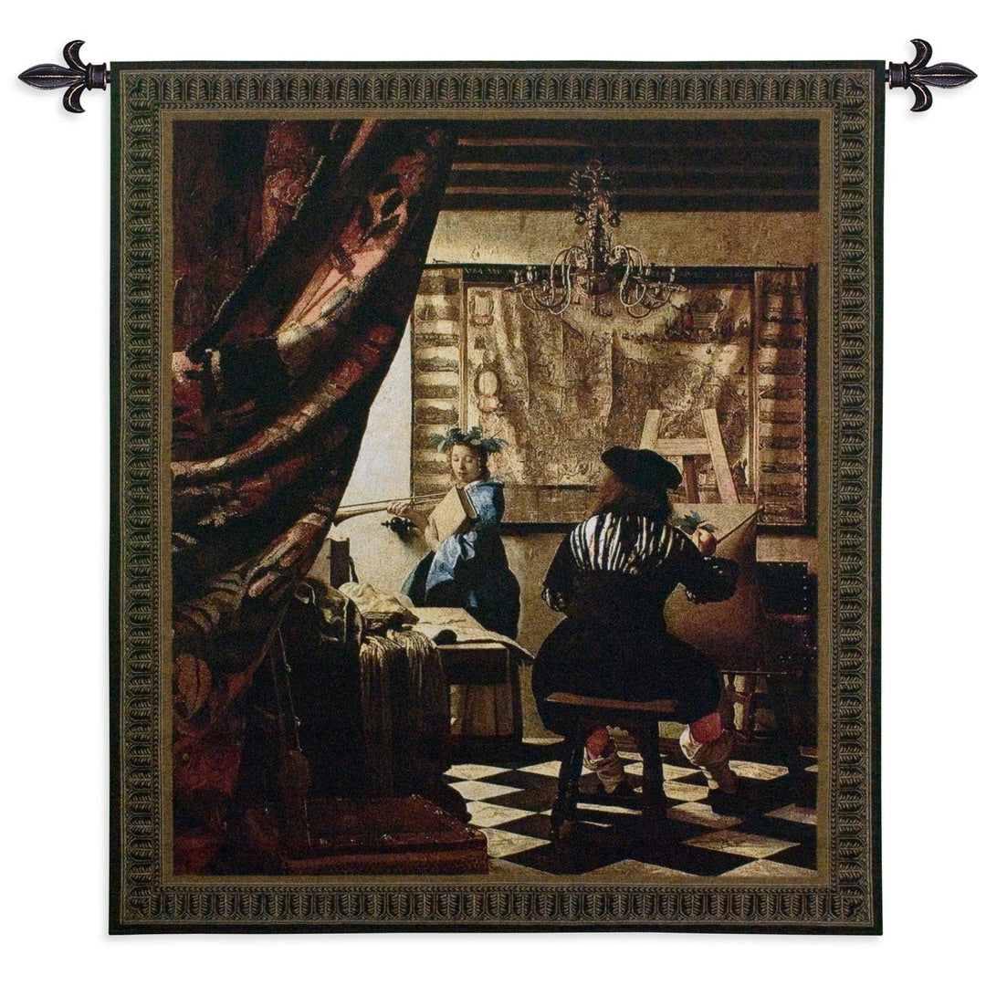 Tapestry depicting a Vermeer's art studio showing model and artist at easel.