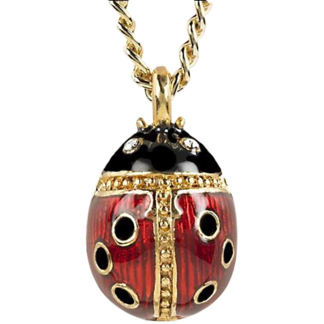 Ladybug Solid Red Black Gold Faberge Fancy Pendant on 16 inch Necklace Chain - Museumize.com