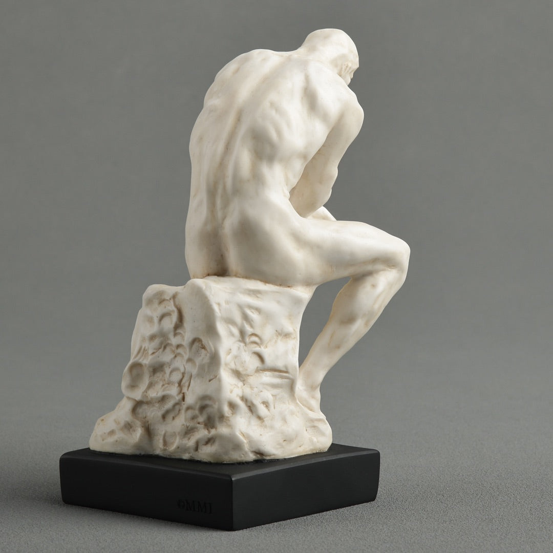 back view Rodin The Thinker desk statue, white with black base