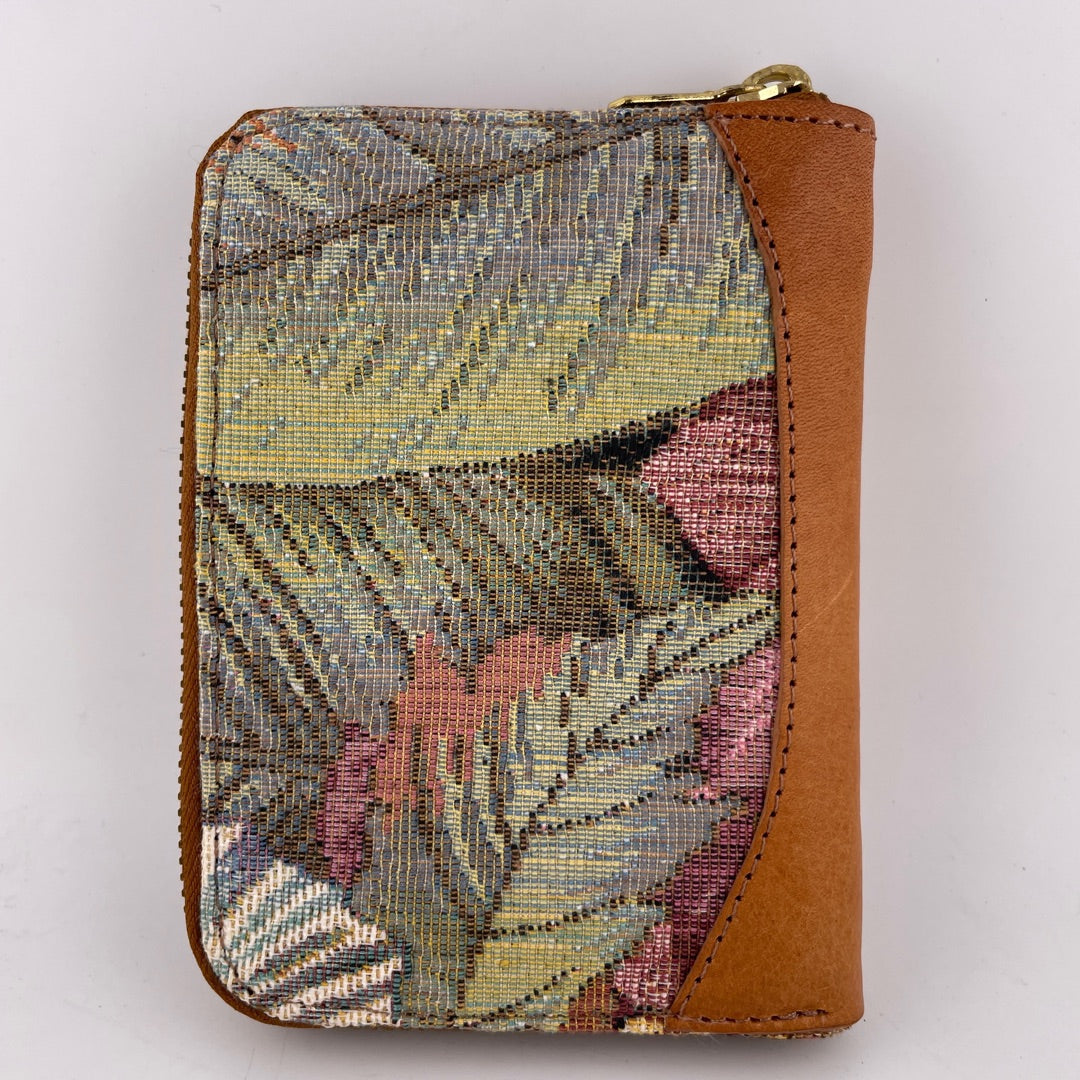 Wallet - Leather Wallet with Zipper and Orchid Flowers Tapestry Fabric NEW ATTIC no returns - Museumize.com