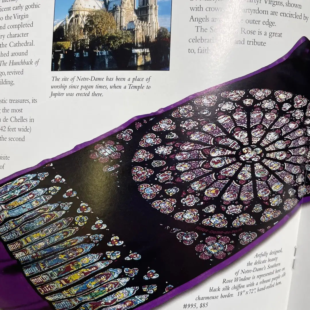 Silk Scarf - Notre Dame Rose Window Oblong Purple Blue Black 18x72 New Attic - Museumize.com