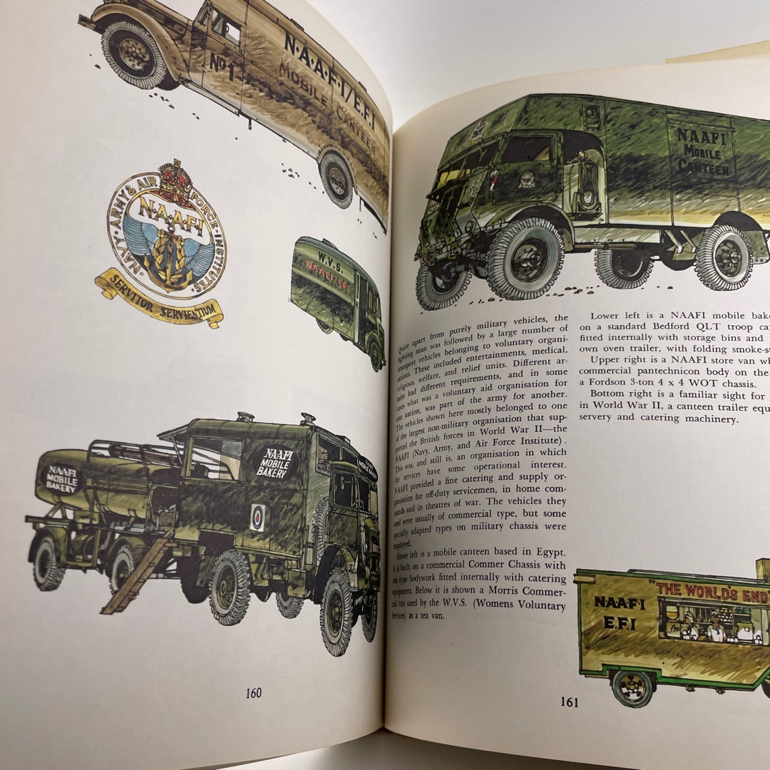 Open book showing illustrations of military vehicles and NAAFI logos.