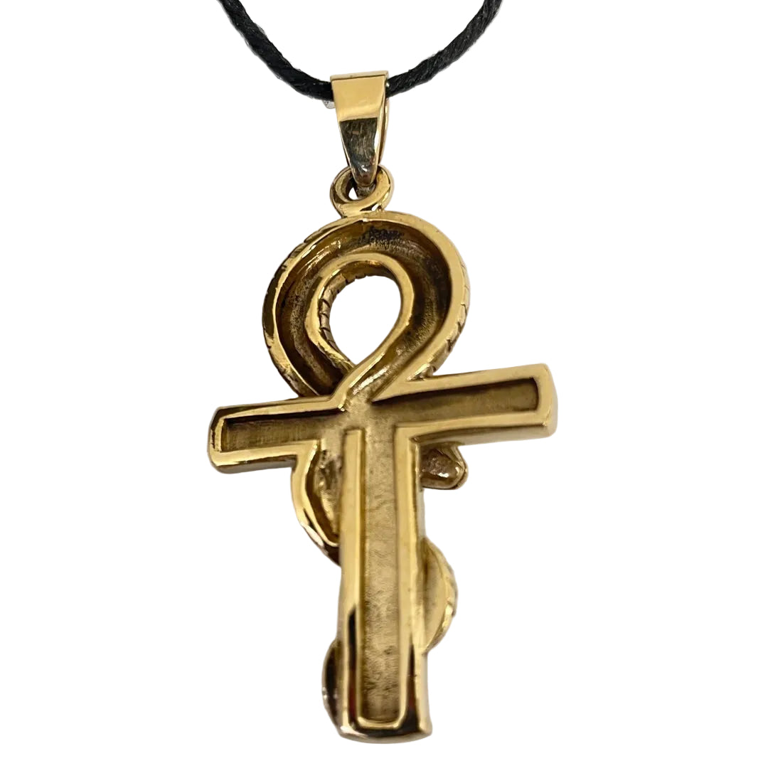 Back side of the serpent coiling around the bronze ankh pendant