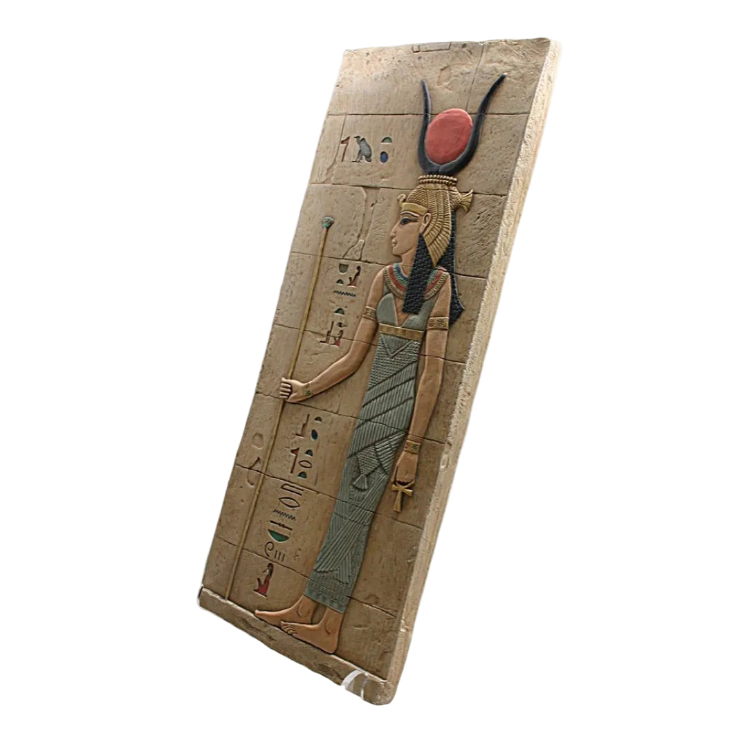 Ancient Egyptian goddess Isis wall relief inspired by Temple of Kalabsha, bonded stone museum replica