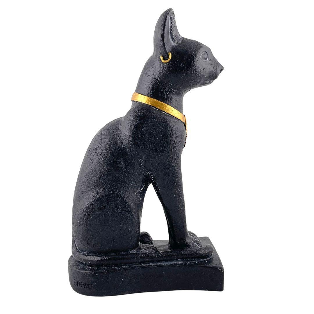 Bastet Egyptian Cat Statue Wearing Ankh Necklace Black and Gold 7H - Museumize.com