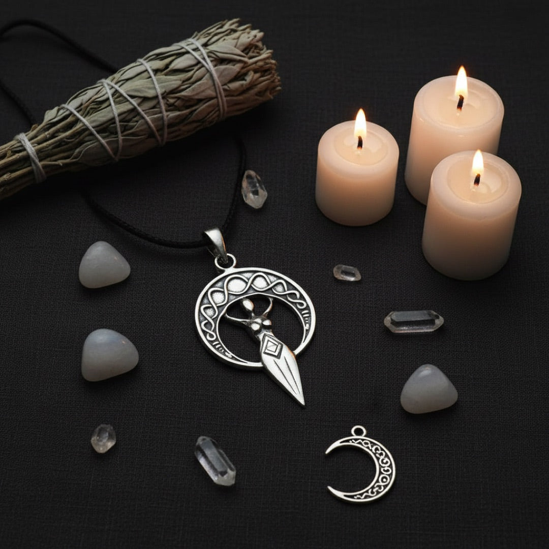 moon goddess pendant surrounded by spiritual items and moon stones