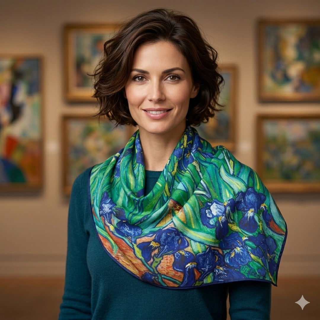 Model wearing Van Gogh Irises faux silk scarf