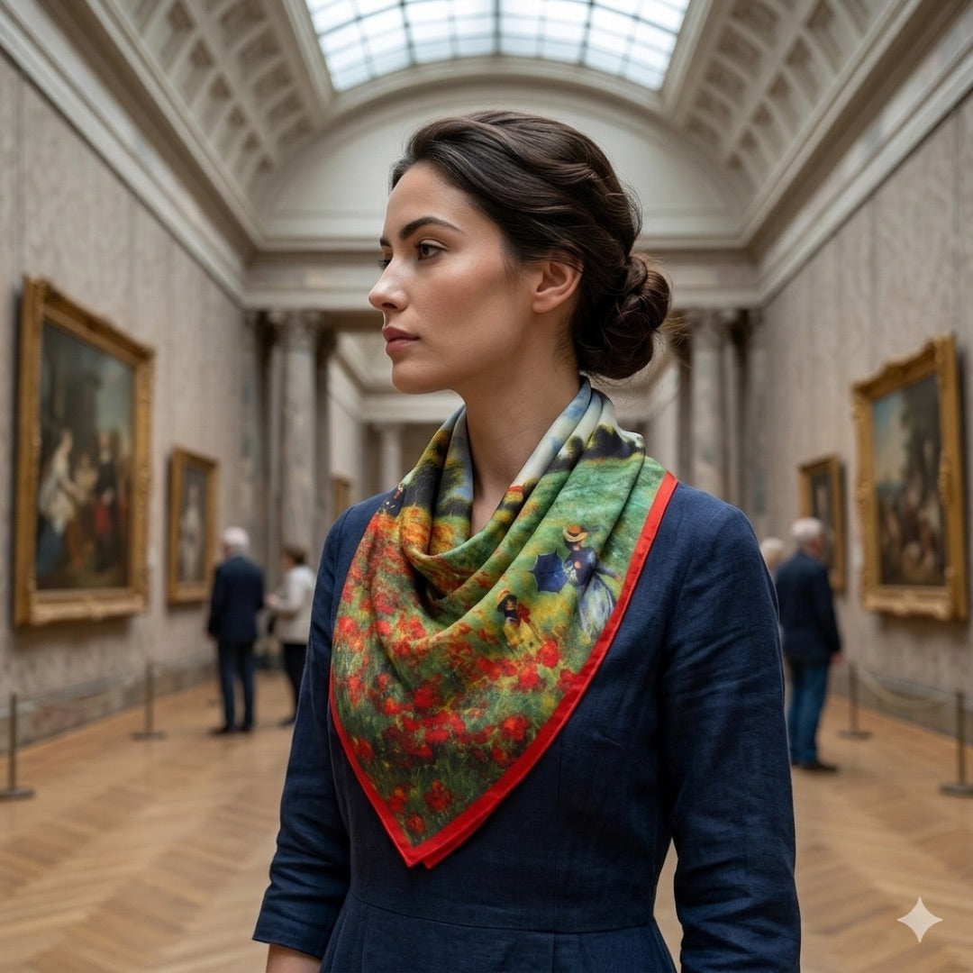 Woman wearing Monet Poppy Field Poppies faux silk scarf