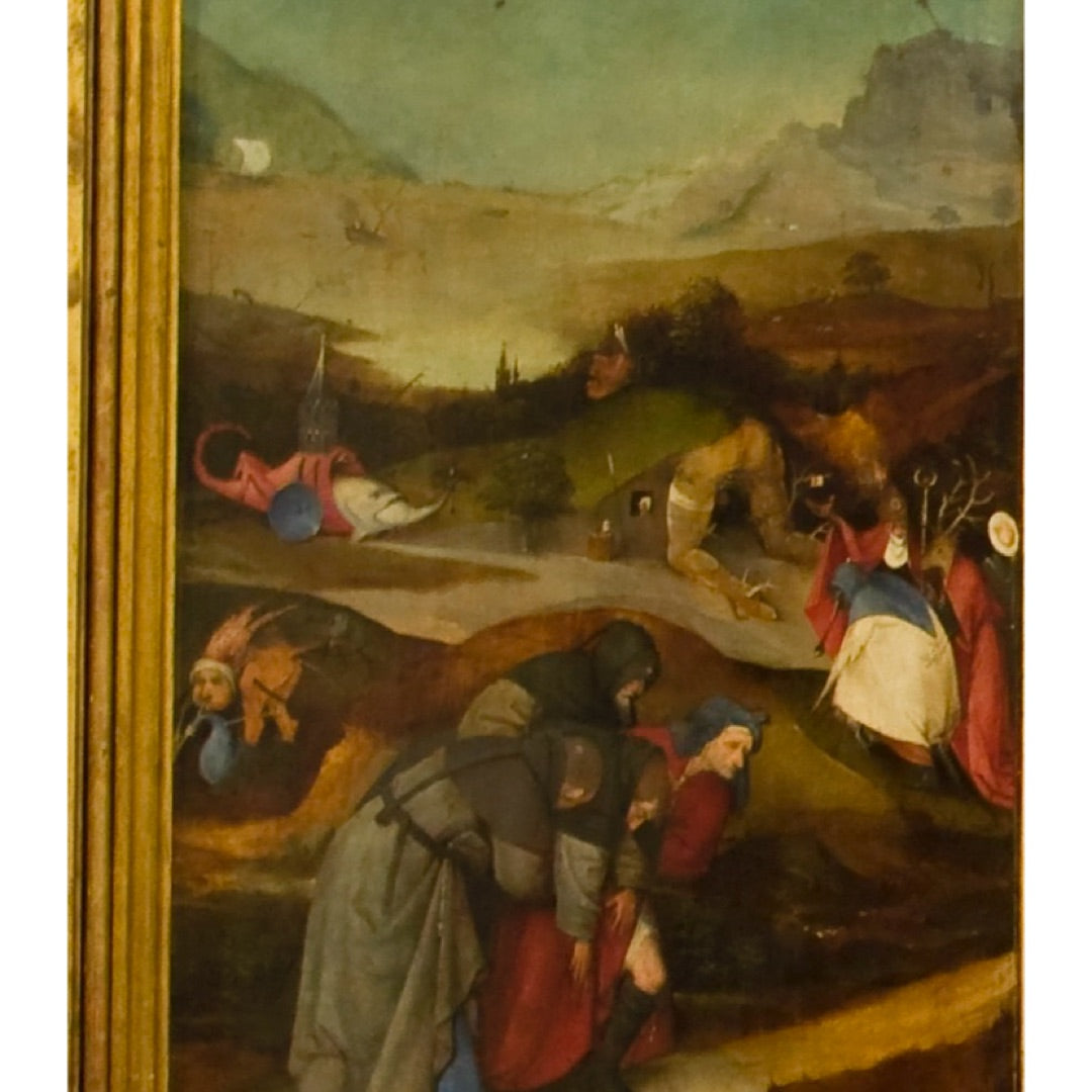 Close-up of Bosch’s red-armored Fish With Tower from The Temptation of Saint Anthony.