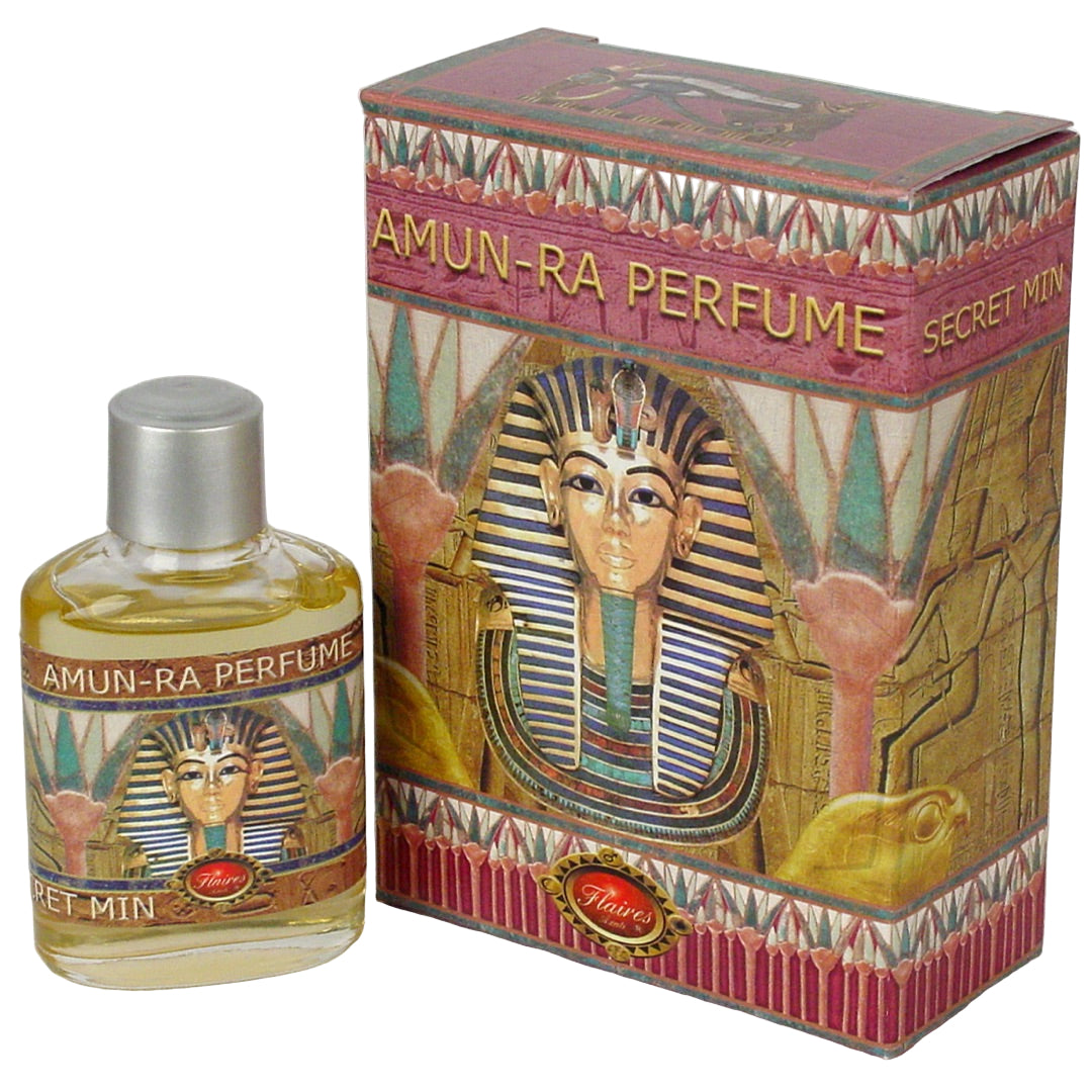 Amun-Ra perfume bottle and packaging with Egyptian-themed design. Flaires of Spain.