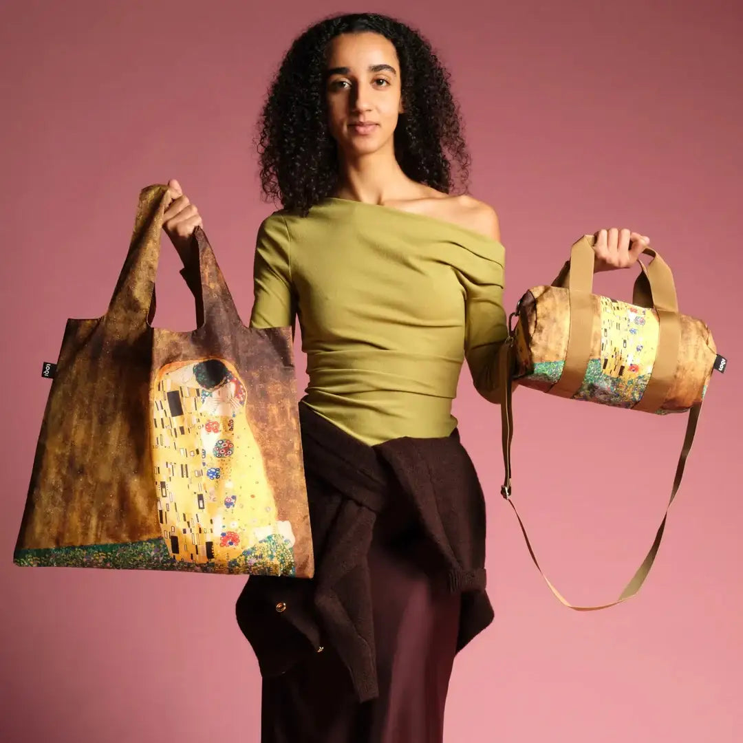 Klimt The Kiss tote bag with golden artwork print and zip pouch