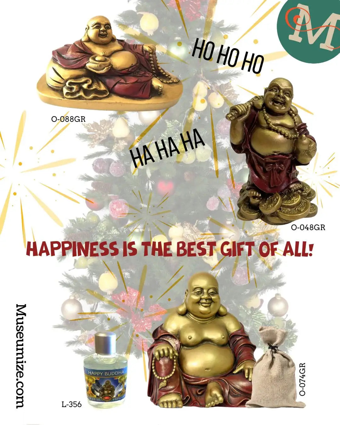 Happy Buddha statues and figurines with Christmas tree, festive text, and gift items