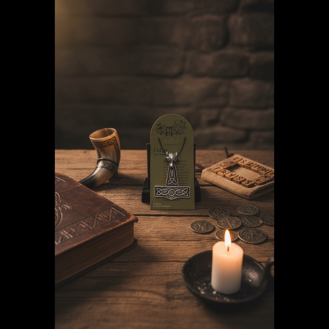 Norse Thor's Hammer on table with other norse items