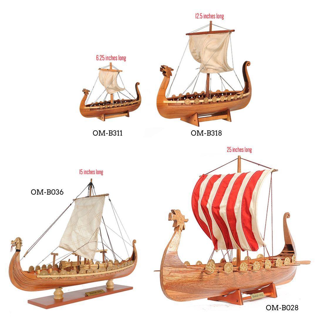 Viking Drakkar Longship Model Boat Wood Red White Sail 20H x 25L - Museumize.com