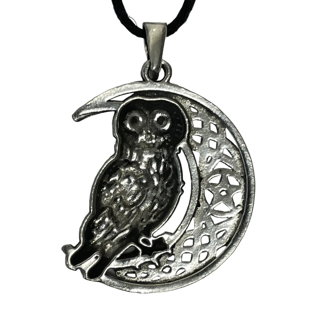 Owl Crescent Moon Wiccan Pewter Necklace Pendant