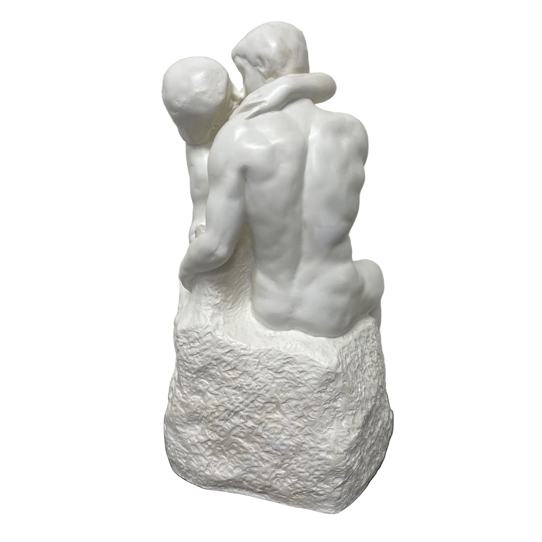 White Rodin The Kiss figurine, 10-inch tall bonded stone statue of embracing lovers.