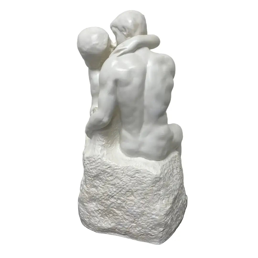 White Rodin The Kiss figurine, 10-inch tall bonded stone statue of embracing lovers.