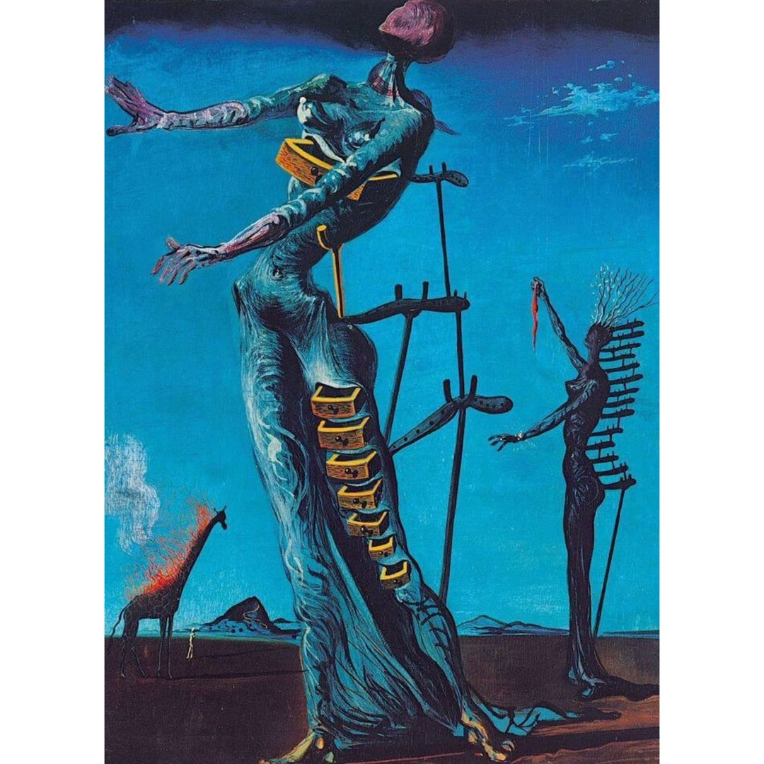 Salvador Dalí’s Burning Giraffe painting showing the dreamlike female figures with drawers, thin support crutches, and the distant burning giraffe.
