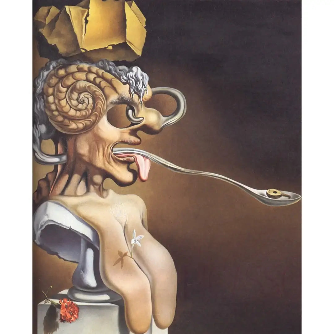 Surrealistic artwork of a figure with a spoon in its mouth original painting by Salvador Dali.