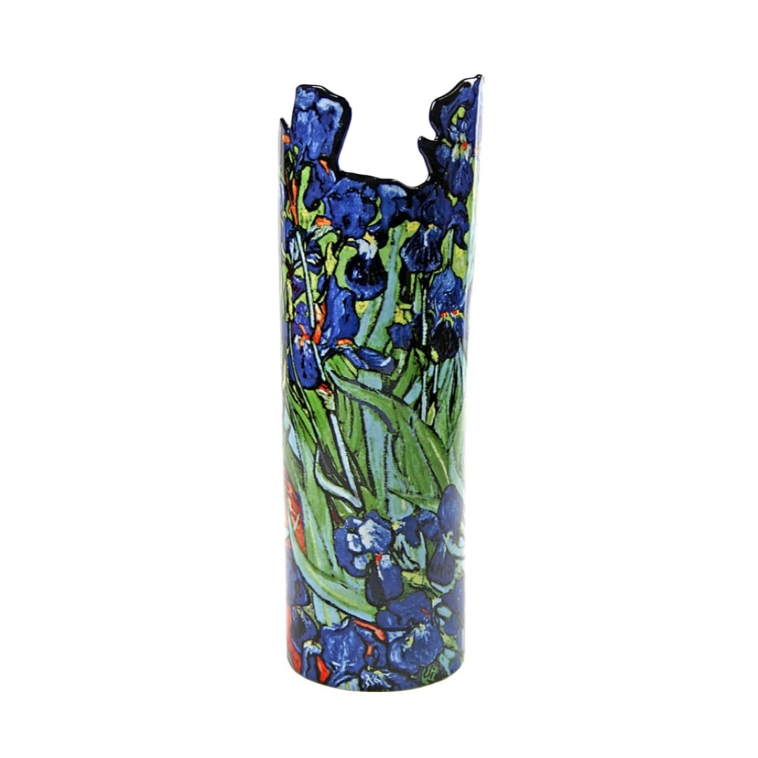 Front view of blue purple irises artwork on ceramic vase