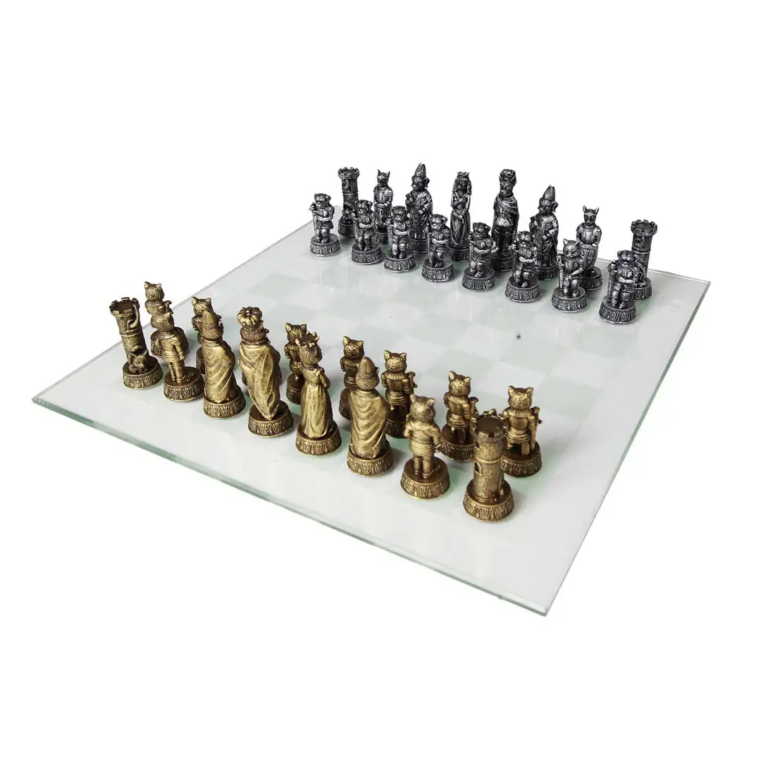 Dog vs cat chess set with glass board and hand-painted animal pieces.
