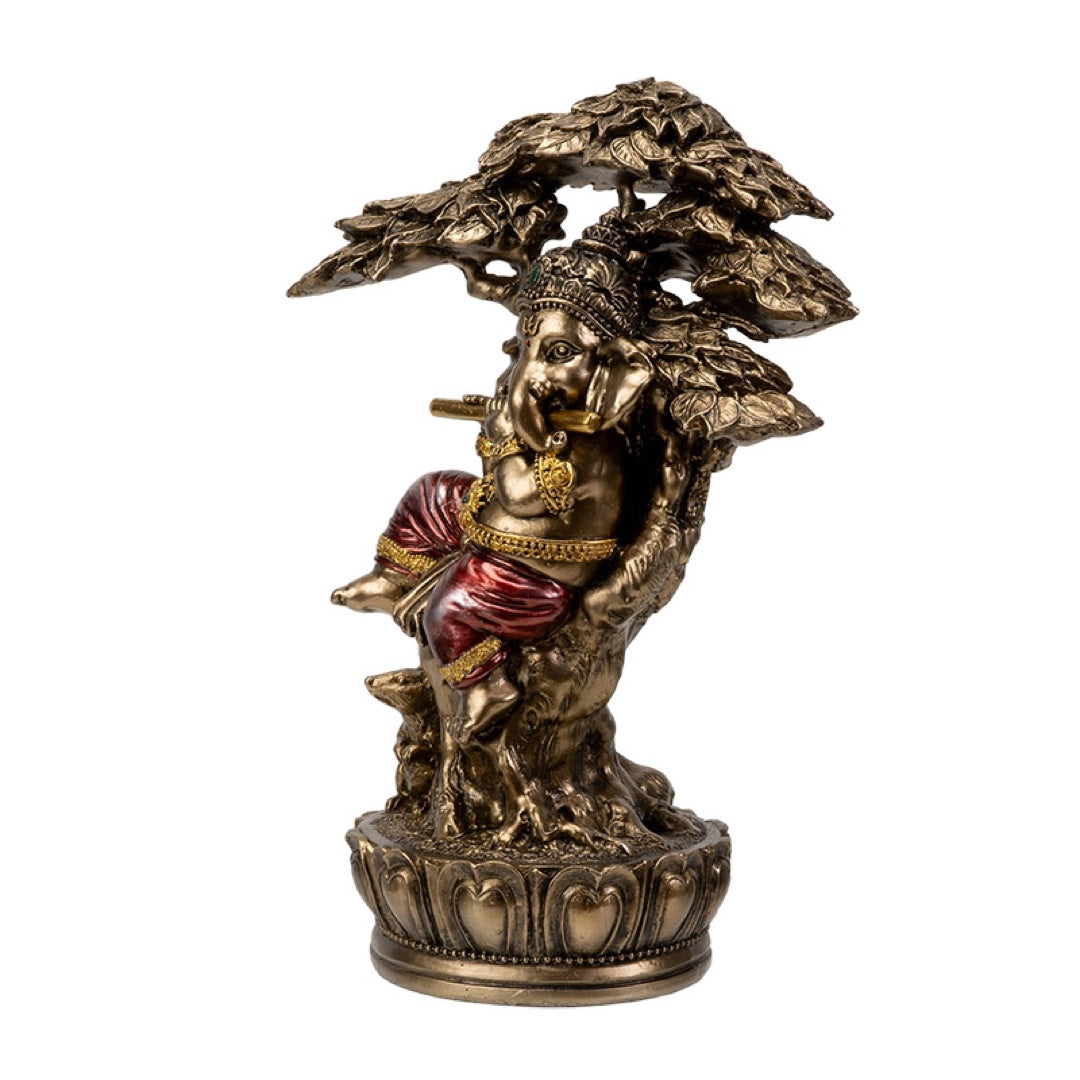 Ganesha Ganesh Playing Music Under Tree Hindu Statue Bronze Finish