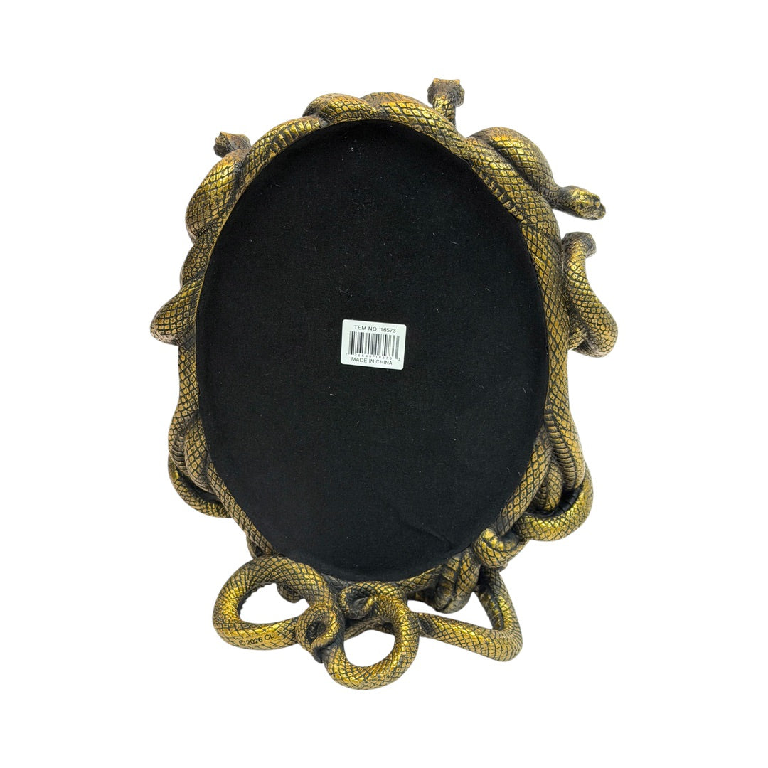 Medusa Snake Golden Wall Mirror - Medusa Gaze Mirror, Gorgon Serpent Frame, Antiqued Gold Resin