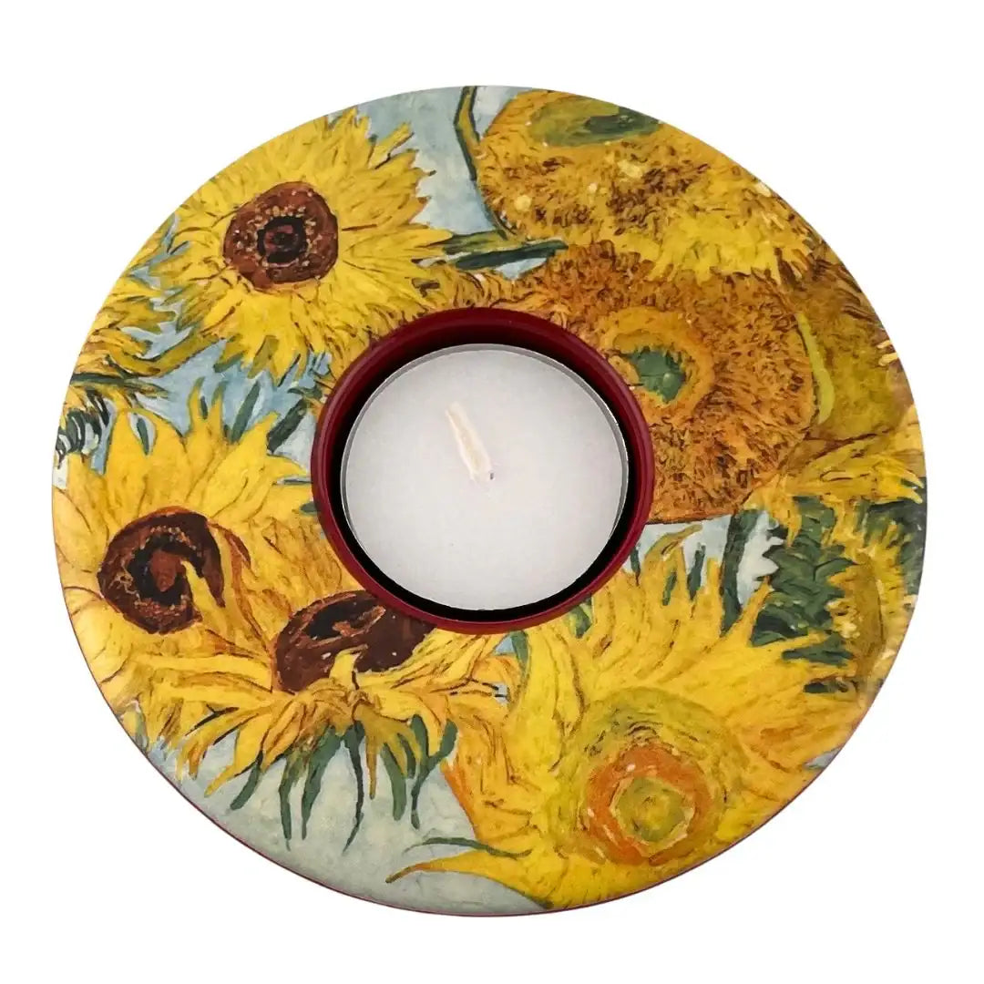 Top view of Van Gogh Sunflowers ceramic tealight holder by Parastone.
