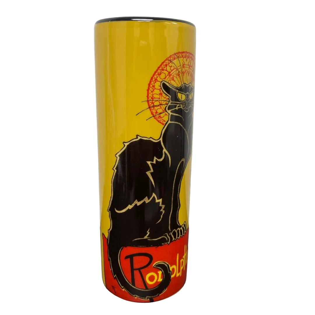 Art Nouveau museum vase featuring black cat and red halo design