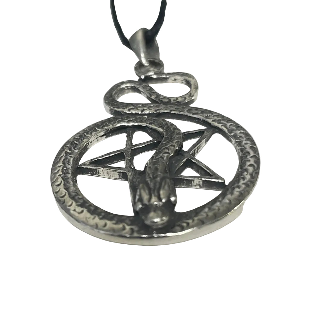 A silver-toned metal pendant necklace featuring a coiled snake wrapped through a pentagram symbol, suspended from a black cord