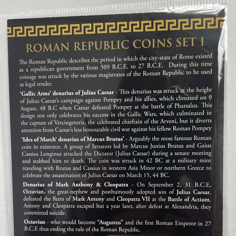 Back view of Roman Denarius Replica Set, shows historical facts