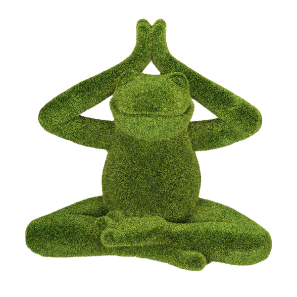 Meditation yoga frog statue in lotus pose, soft moss-like green texture.
