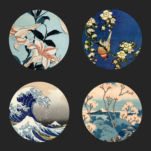 Hokusai Japanese Wave Flowers Glass Drink Bar Coasters Set of 4 with Storage Stand