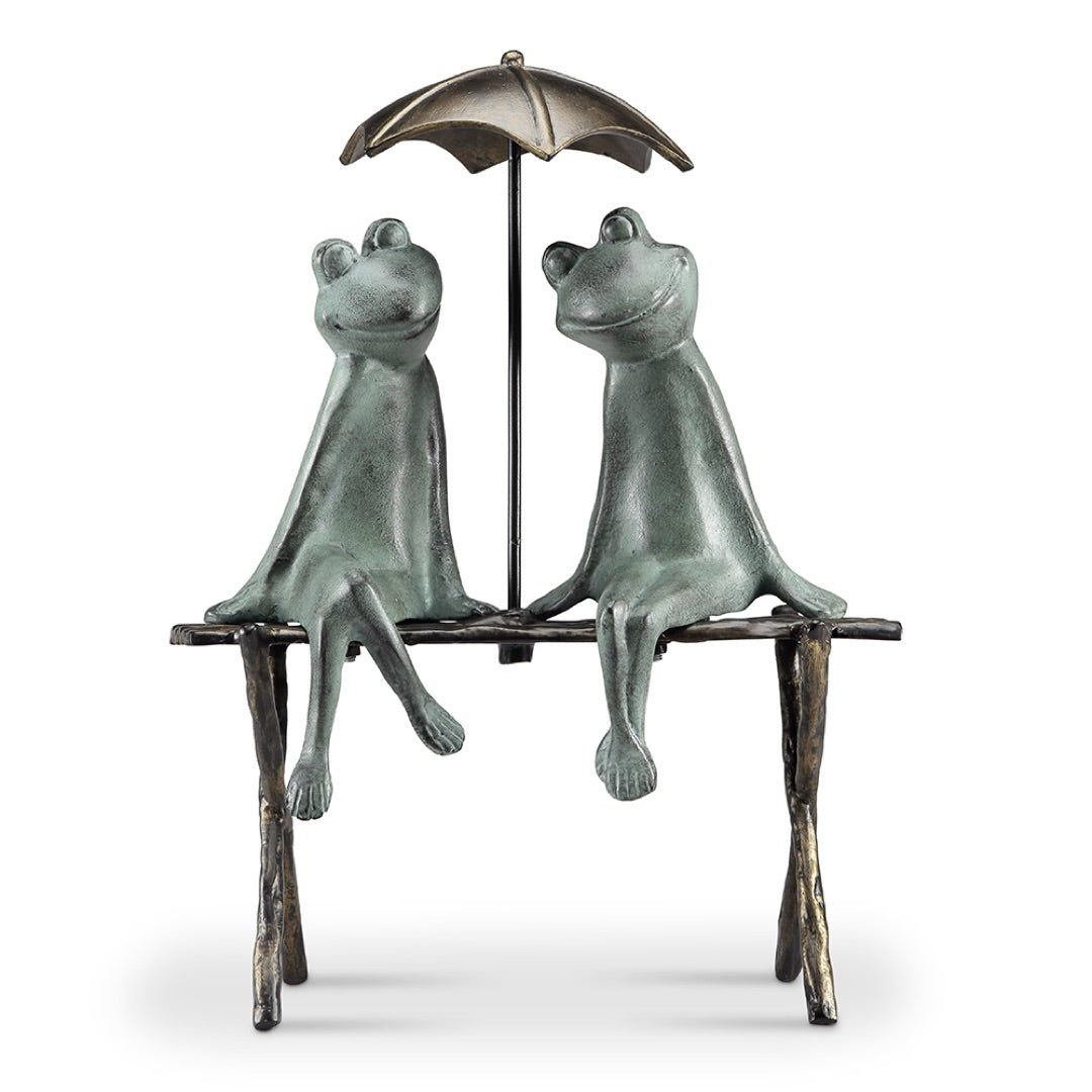 Frog Couple Lovers on Bench Big Smiles with Umbrella Garden Statue Metal 18.H