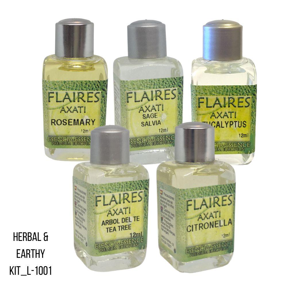 Flaires Herbal Earthy essential oil kit with grounding natural botanical fragrances.