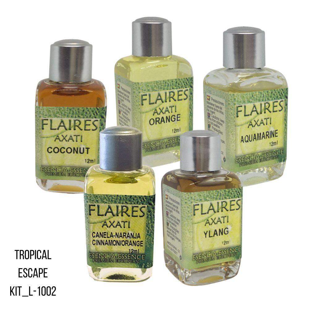 Flaires Tropical Escape essential oil kit with bright island-inspired aromatherapy scents.