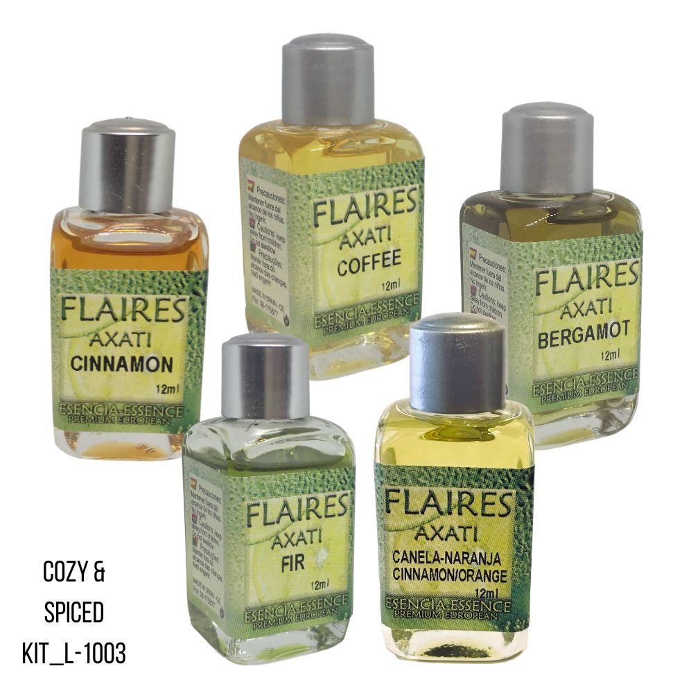 Flaires Cozy Spiced essential oil kit featuring warm cinnamon and seasonal spice aromas.