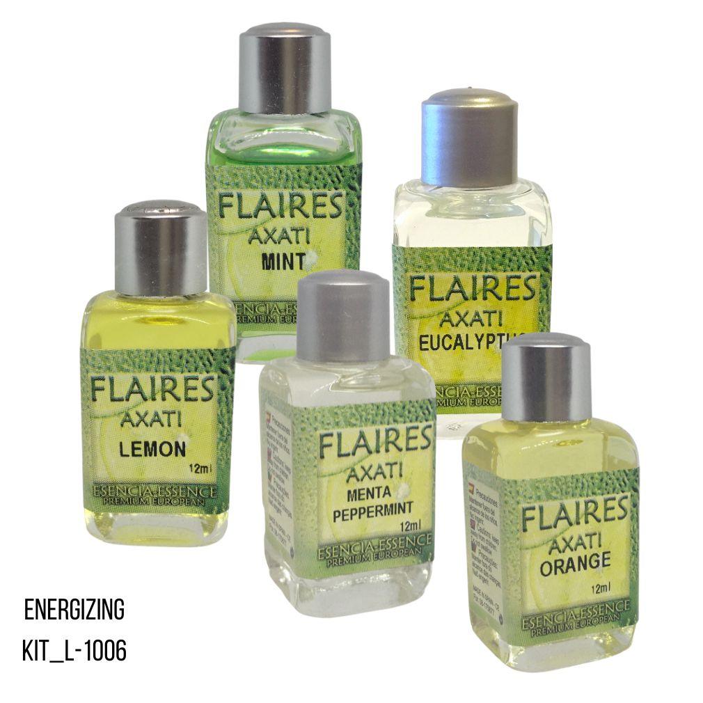 Flaires Energizing Essential Oil Kit with Mint, Lemon, Eucalyptus, Peppermint, and Orange 12ml bottles from Spain.