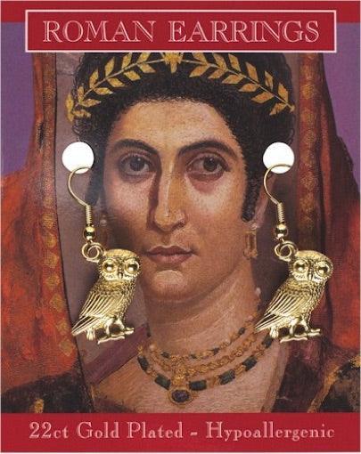 Owl Athena Minerva Roman Costume Drop Dangle Earrings Gold Finish .5L - Museumize.com