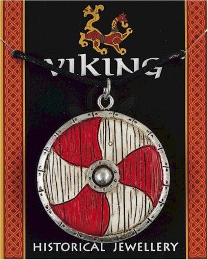 Viking Shield Red White Round Historical Costume Pendant Necklace - Museumize.com