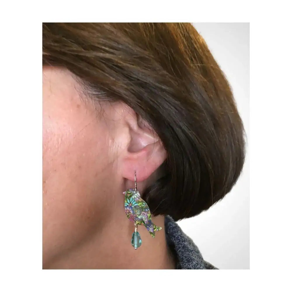 Cha Cha Bird Blue Purple with Teardrop Bead Handmade Artisan Earrings 1.9L - Museumize.com