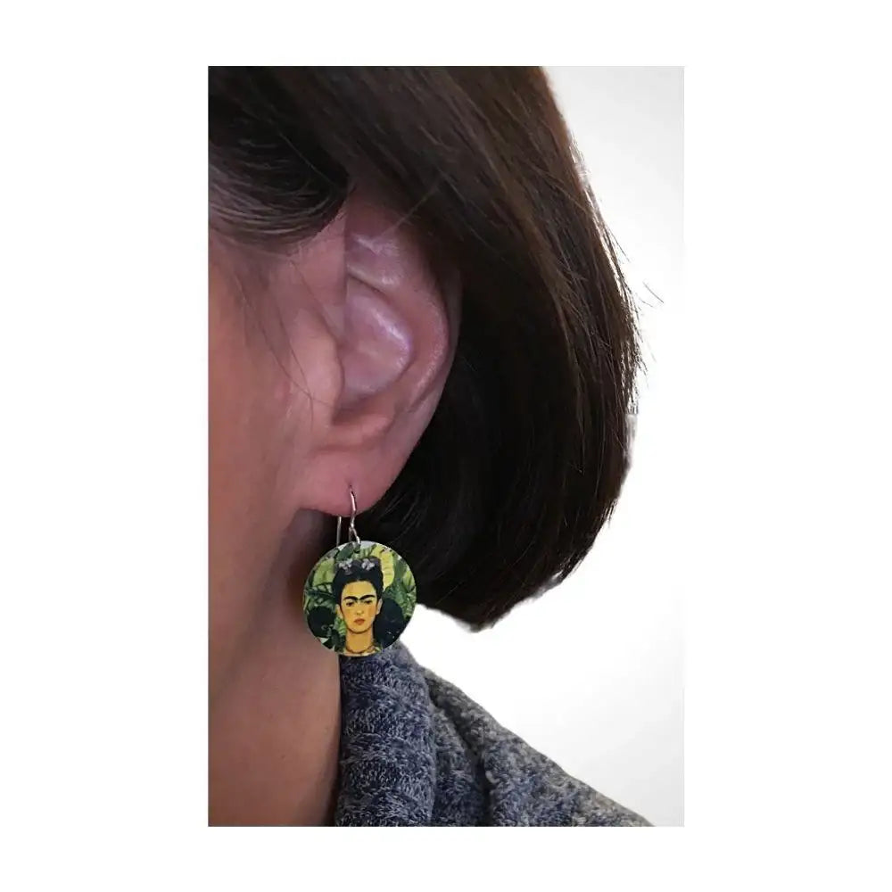 Frida Kahlo Portrait Round Handmade Aluminum Artisan Earrings 1.25L - Museumize.com
