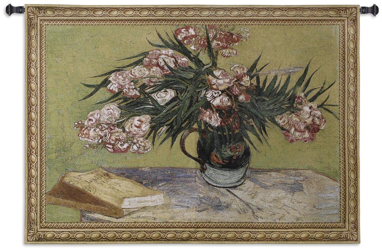 Van Gogh Oleanders Flowers in Vase Pink Green Woven Wall Hanging Museum Tapestry 53x38 - Museumize.com