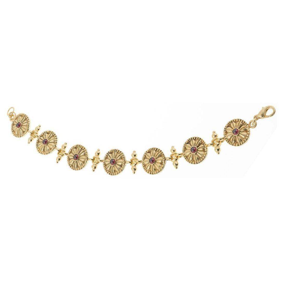 Greek Red Rosette Round Link Bracelet with Garnets Gold Finish - Museumize.com