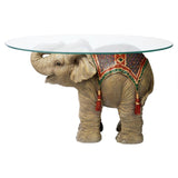 Elephant Trunk Up Accent Table Indian Festival Holi with Glass 18H