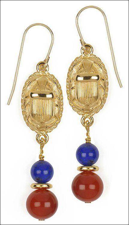 Egyptian Scarab Dangle Pierced Earrings with Lapis and Carnelians - Museumize.com