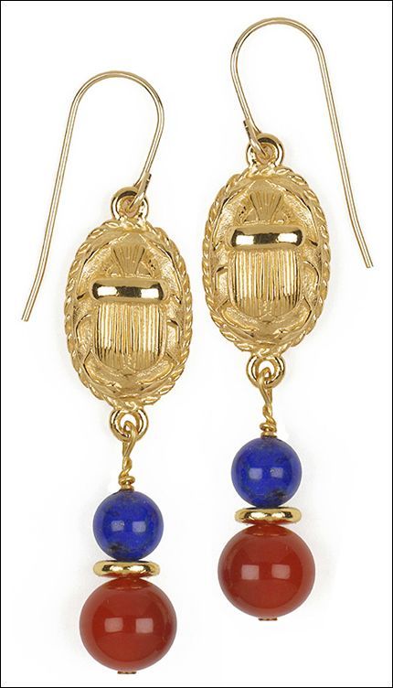 Egyptian Scarab Dangle Pierced Earrings with Lapis and Carnelians
