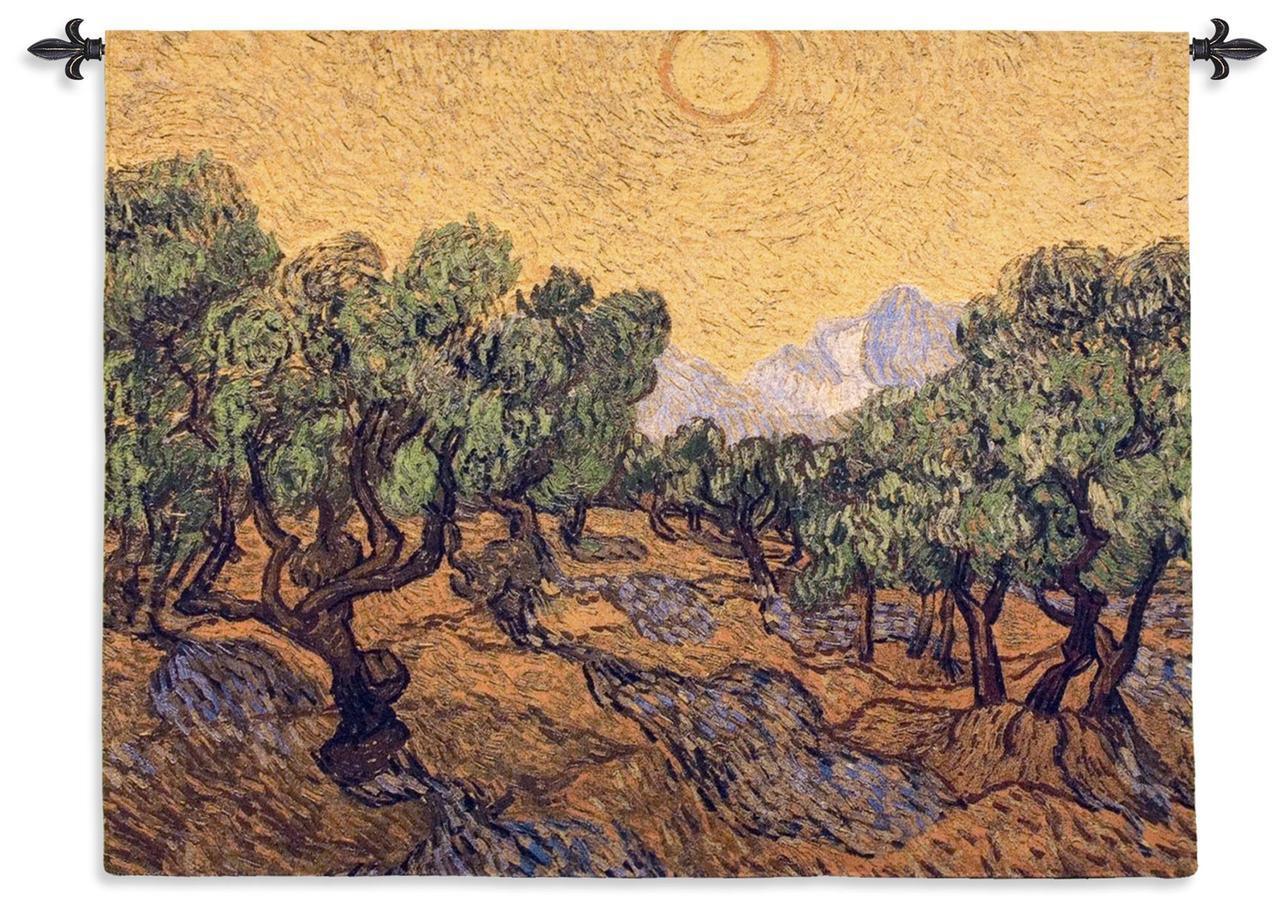 Van Gogh Olive Trees with Sun Yellow Green Brown Woven Wall Hanging Museum Tapestry 53x40 - Museumize.com